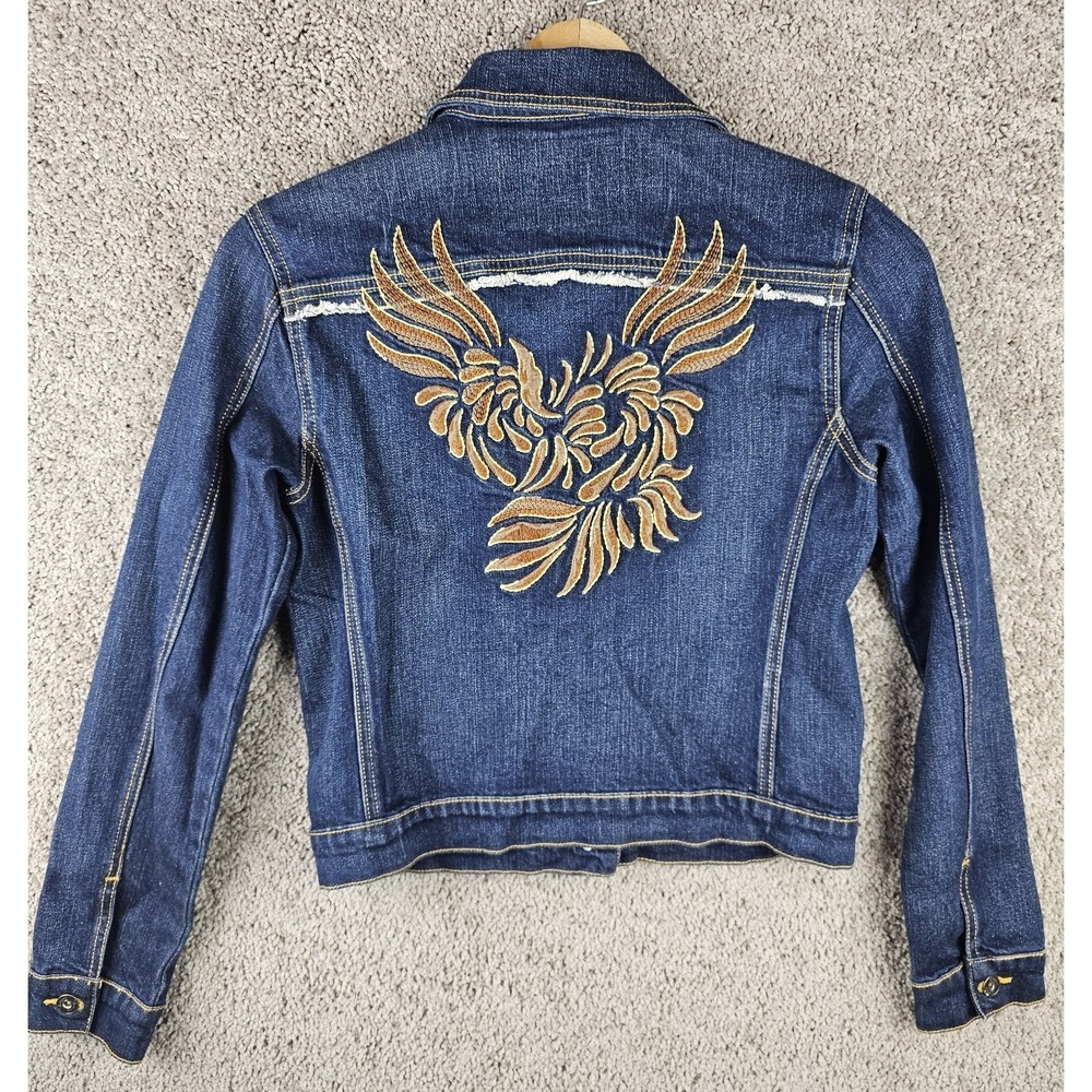 Vintage Fiorucci Authentic Blue Denim Stretch Angel Wings Fitted Jacket Women M